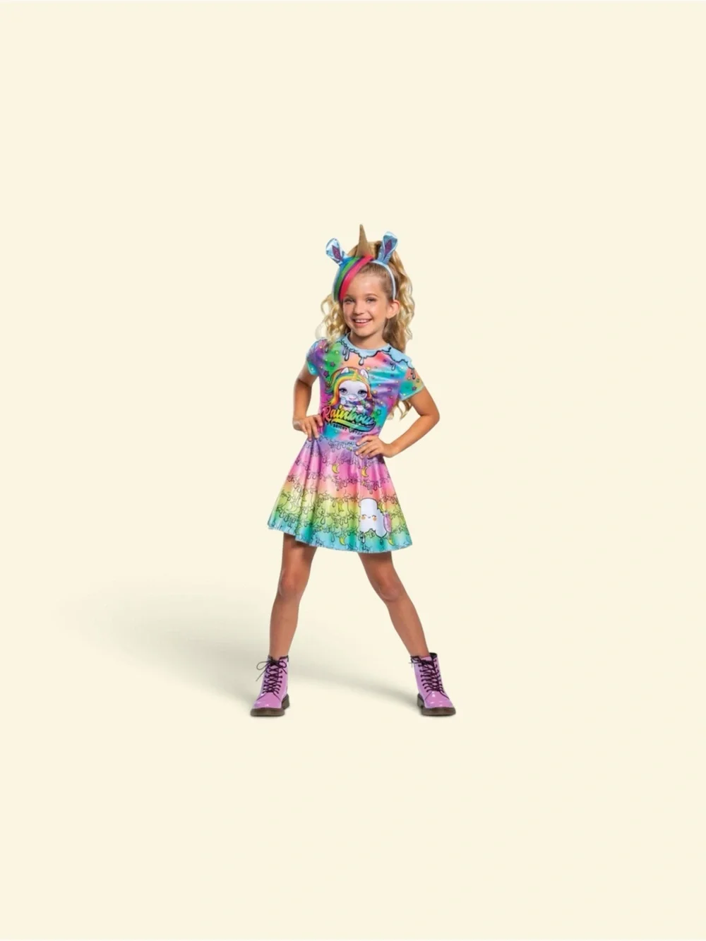 Girls Rainbow Unicorn Dress Costume with Headband